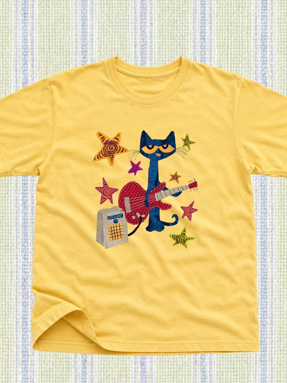 Gildan Yellow Tee with Blue Cat Guitar Graphic